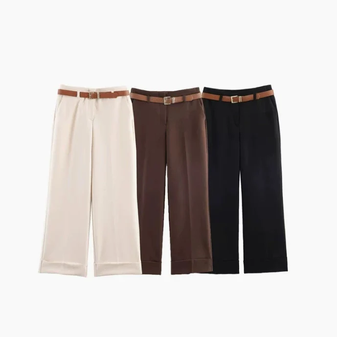 Damen 10+ weite High‑Waist Palazzohose mit Bügelfalte und Aufschlag Drune