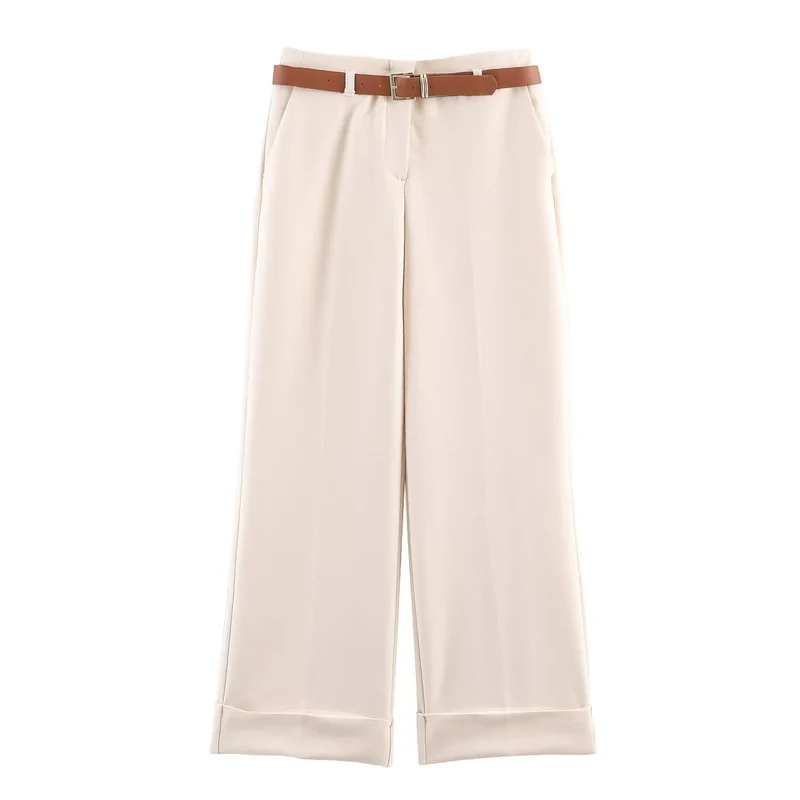 Damen 10+ weite High‑Waist Palazzohose mit Bügelfalte und Aufschlag Drune
