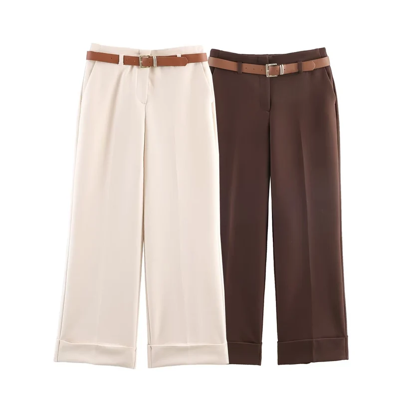 Damen 10+ weite High‑Waist Palazzohose mit Bügelfalte und Aufschlag Drune