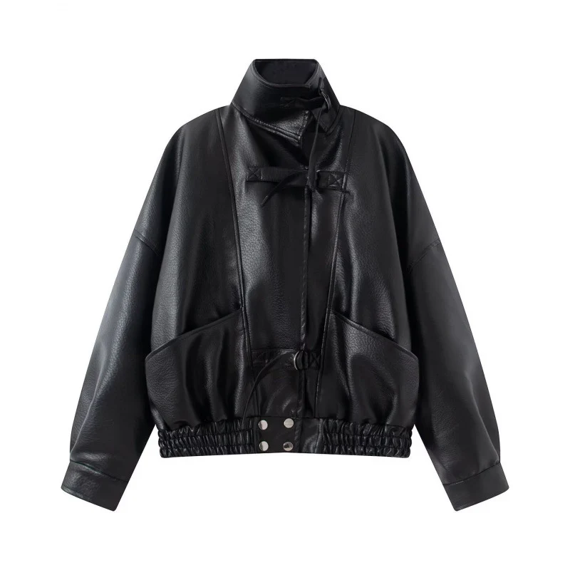 Damen 10+ taillierter Cropped Kunstleder‑Blouson mit Gürtel, elastischem Saum und Pattentaschen Drune