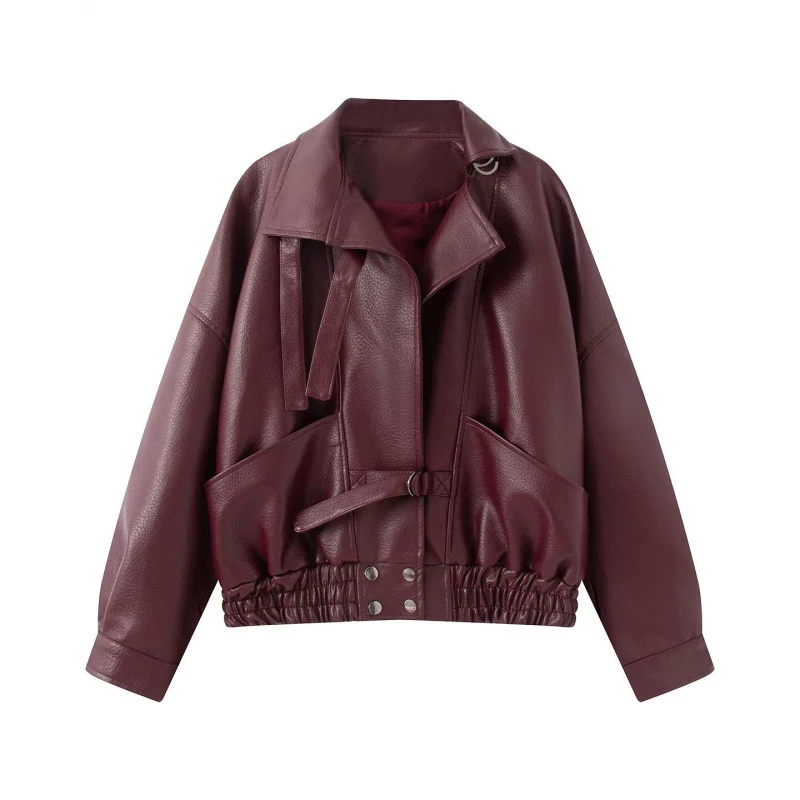 Damen 10+ taillierter Cropped Kunstleder‑Blouson mit Gürtel, elastischem Saum und Pattentaschen Drune