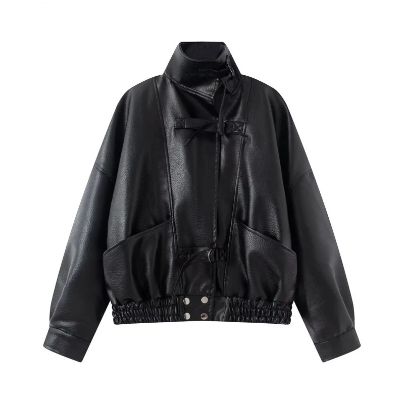 Damen 10+ taillierter Cropped Kunstleder‑Blouson mit Gürtel, elastischem Saum und Pattentaschen Drune
