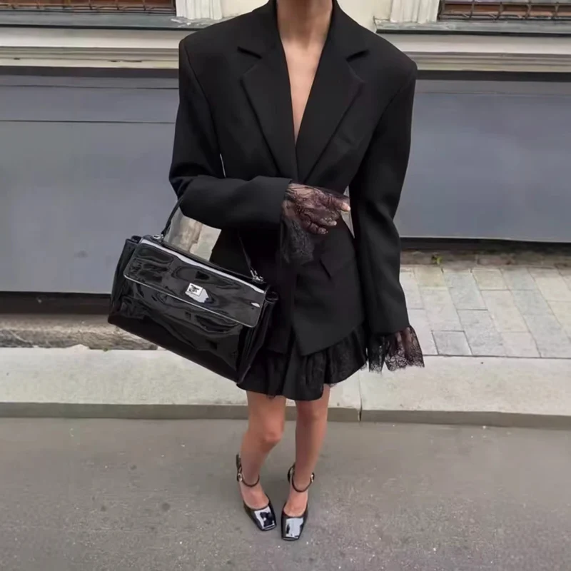 Damen 10+ taillierter Blazer mit Spitzenbesatz und Zwei‑Knopf‑Verschluss Drune