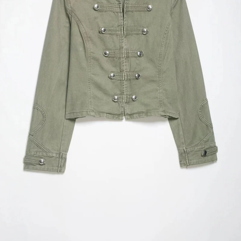 Damen 10+ taillierte Cropped Militärjacke im Vintage‑Look mit dekorativer Metallknopfleiste Drune