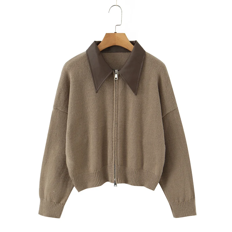 Damen 10+ Oversize Strickjacke mit Zweiwege‑Reißverschluss und spitzem Kontrastkragen Drune