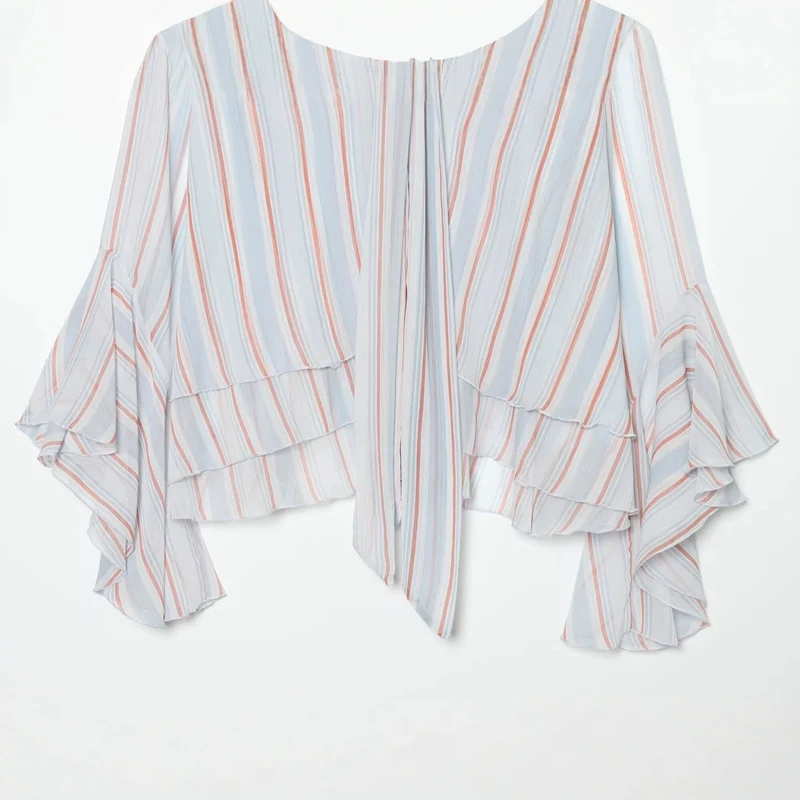 Damen 10+ luftige gestreifte Blusen‑Cape mit Bindeschal und Volantärmeln Drune