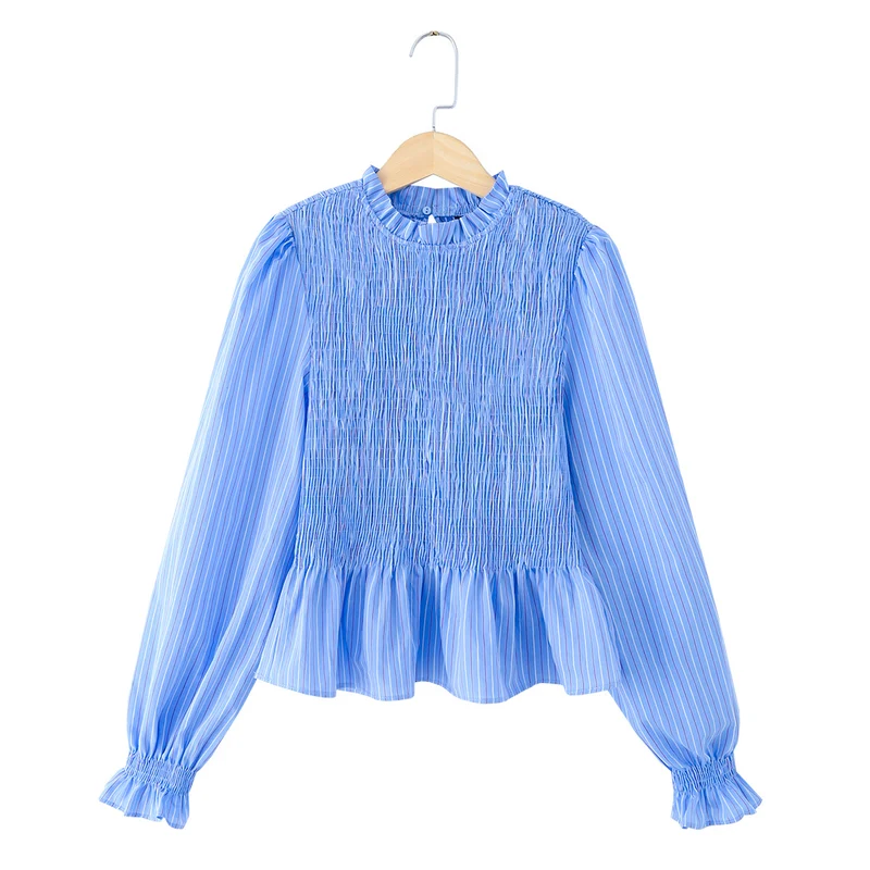 Damen 10+ leichtes Smock‑Blusenshirt mit Rüschenkragen, Ballonärmeln und Schößchen Drune