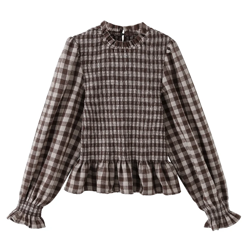 Damen 10+ leichtes Smock‑Blusenshirt mit Rüschenkragen, Ballonärmeln und Schößchen Drune
