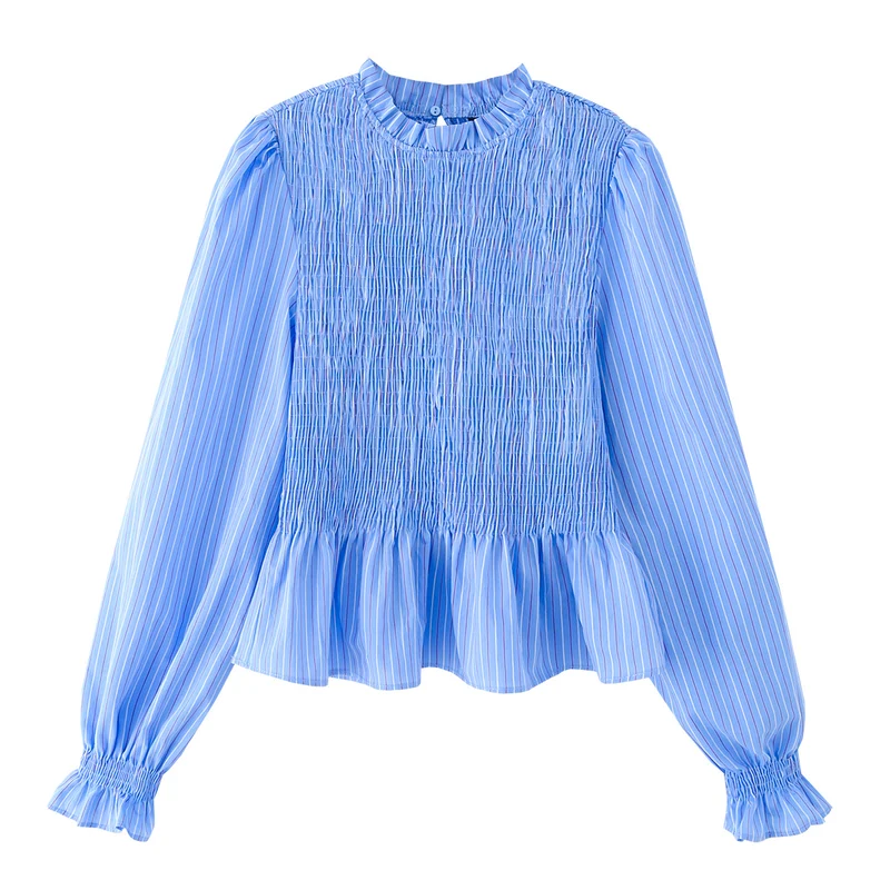 Damen 10+ leichtes Smock‑Blusenshirt mit Rüschenkragen, Ballonärmeln und Schößchen Drune