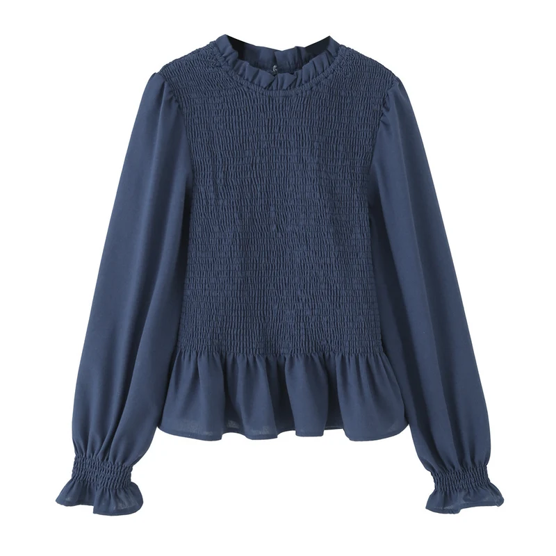 Damen 10+ leichtes Smock‑Blusenshirt mit Rüschenkragen, Ballonärmeln und Schößchen Drune