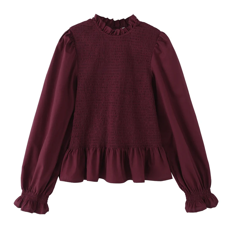 Damen 10+ leichtes Smock‑Blusenshirt mit Rüschenkragen, Ballonärmeln und Schößchen Drune