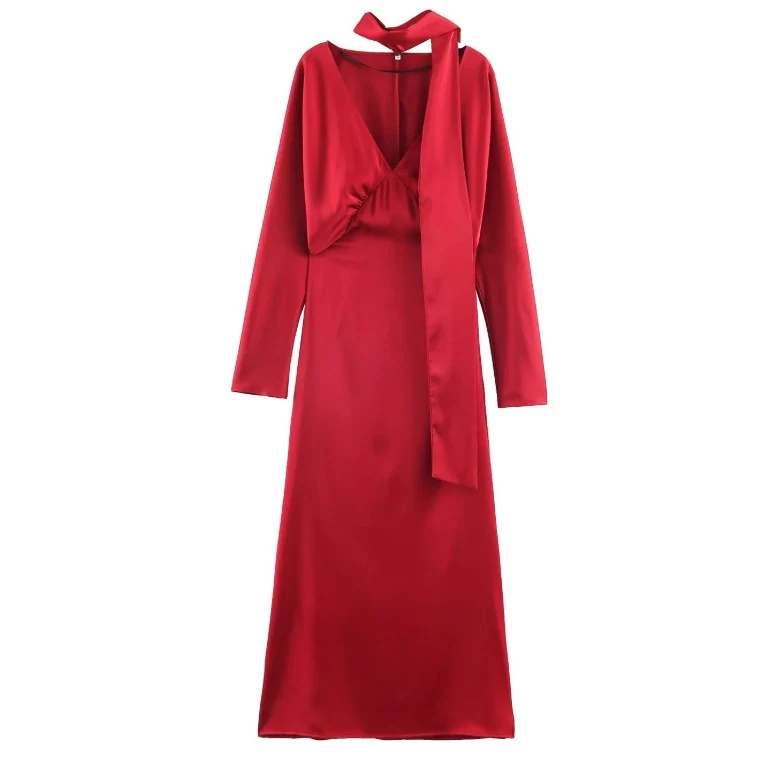 Damen 10+ langes Satin‑Maxikleid mit V‑Ausschnitt, taillierter Silhouette und Halstuch Drune