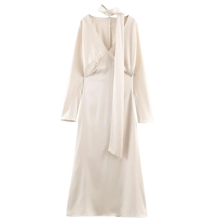 Damen 10+ langes Satin‑Maxikleid mit V‑Ausschnitt, taillierter Silhouette und Halstuch Drune