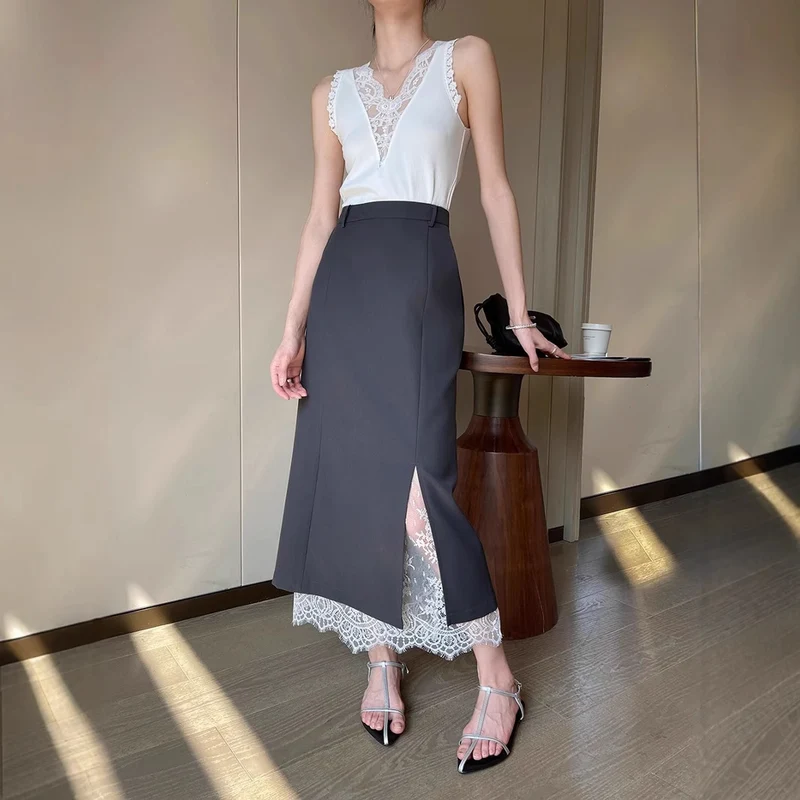 Damen Eleganter Maxirock mit hohem Schlitz und Spitzenabschluss Drune