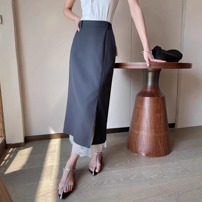 Damen Eleganter Maxirock mit hohem Schlitz und Spitzenabschluss Drune