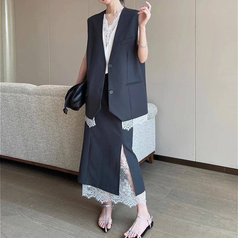 Damen Eleganter Maxirock mit hohem Schlitz und Spitzenabschluss Drune