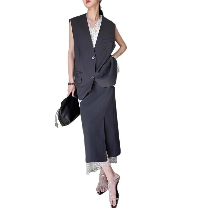 Damen Eleganter Maxirock mit hohem Schlitz und Spitzenabschluss Drune