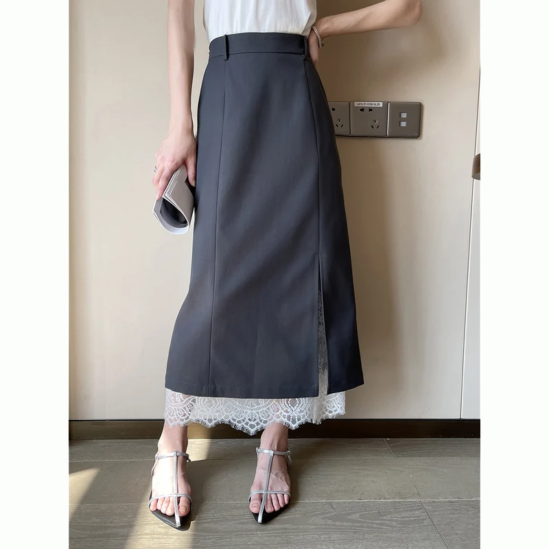 Damen Eleganter Maxirock mit hohem Schlitz und Spitzenabschluss Drune