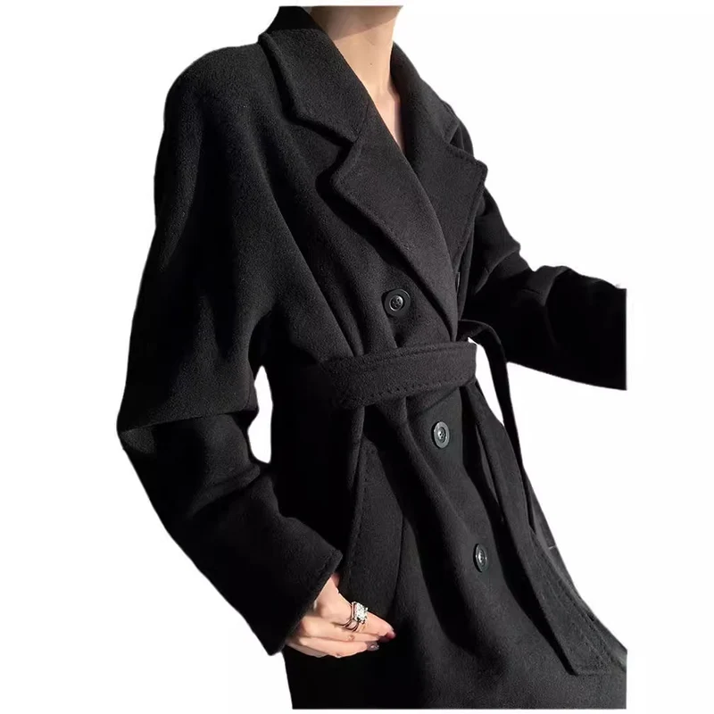 Damen Eleganter Doppeltbreasted Wollmantel Drune