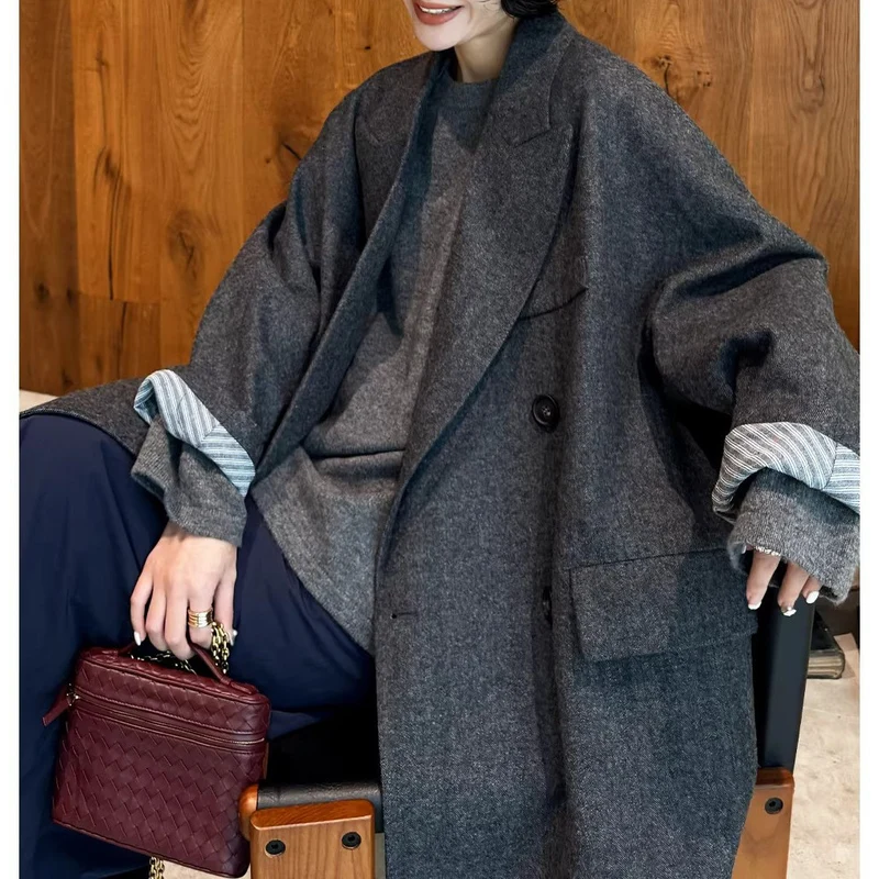 Damen Eleganter Doppelreiher-Wollmantel Drune