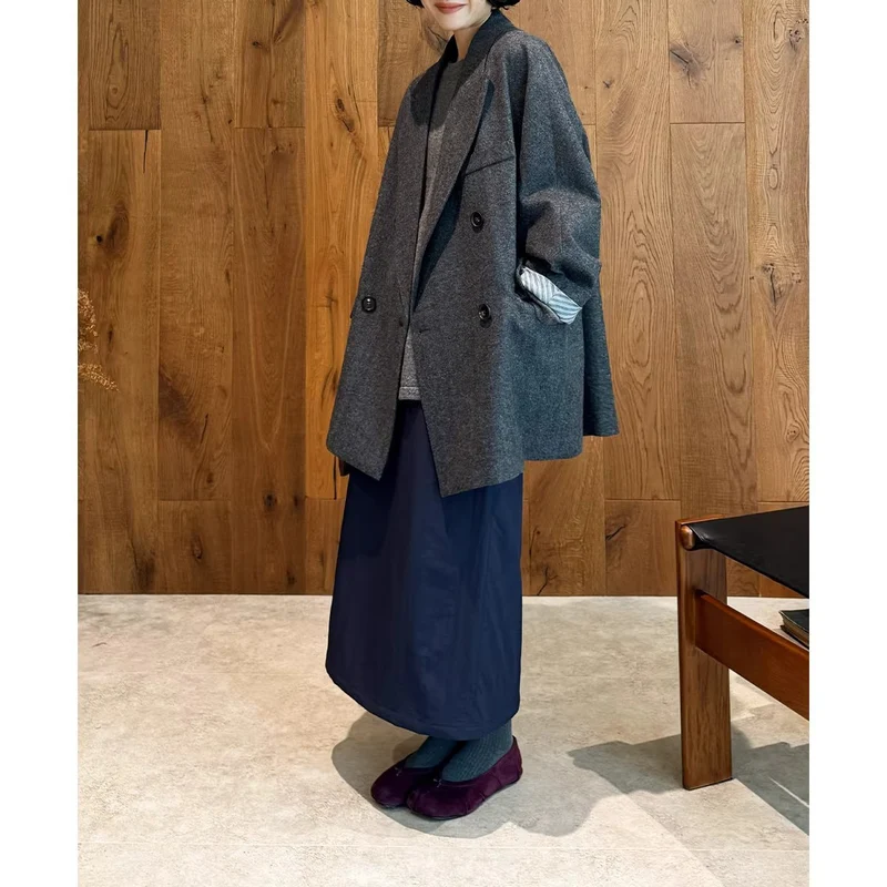 Damen Eleganter Doppelreiher-Wollmantel Drune