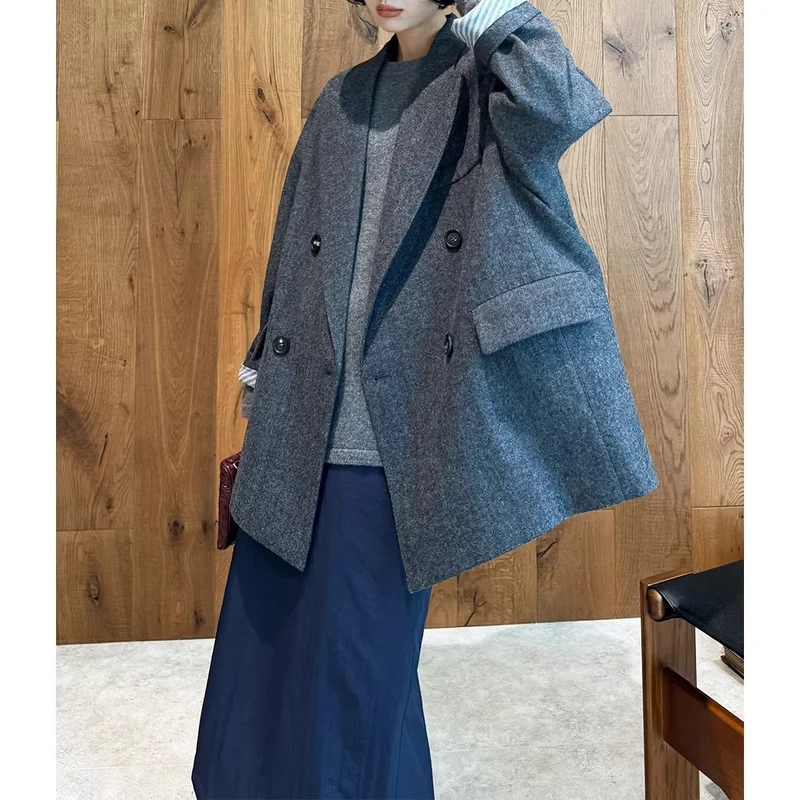 Damen Eleganter Doppelreiher-Wollmantel Drune