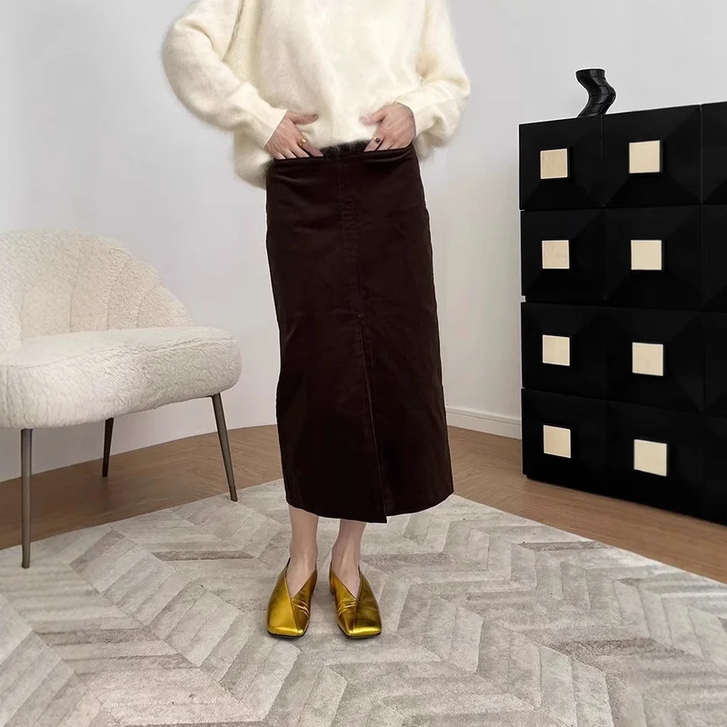 Damen Eleganter Cord Midi-Rock mit Schlitz Drune