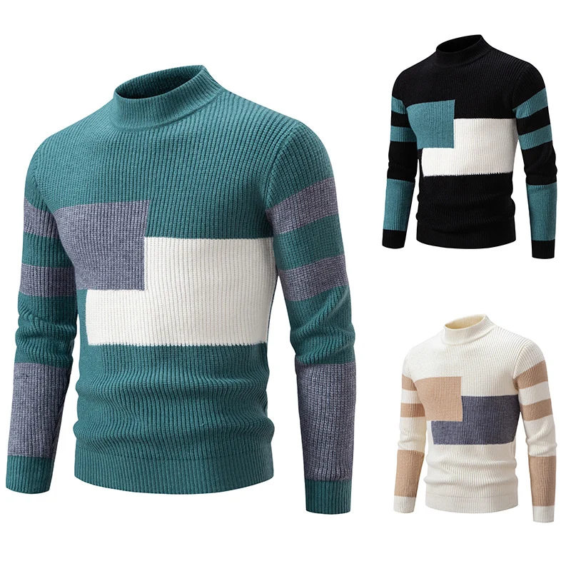Herren Grobstrick-Pullover mit Stehkragen und kontrastierendem Blockstreifenmuster Drune