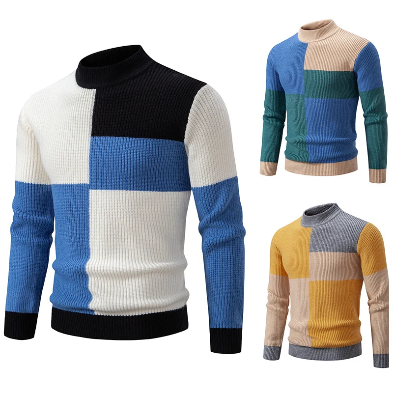 Herren Grobstrick-Pullover mit Stehkragen und kontrastierendem Blockstreifenmuster Drune