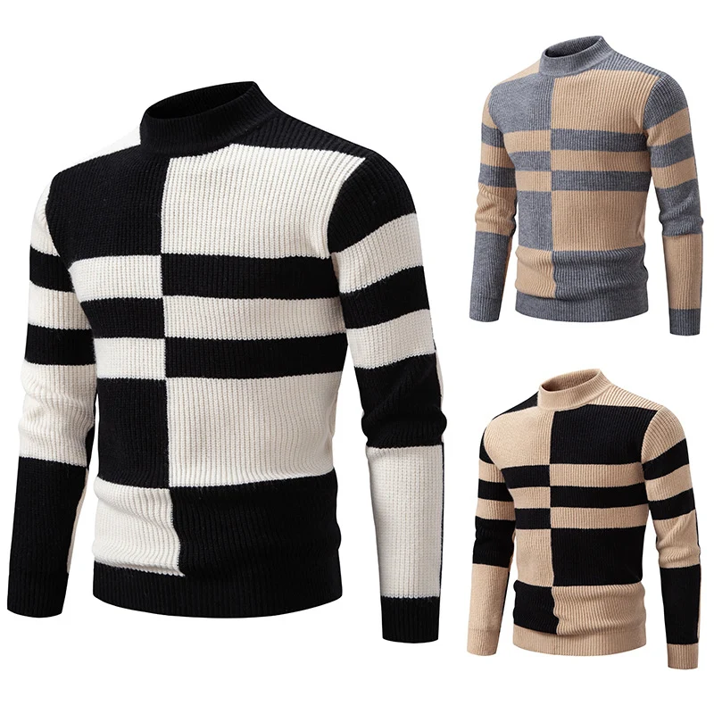 Herren Grobstrick-Pullover mit Stehkragen und kontrastierendem Blockstreifenmuster Drune