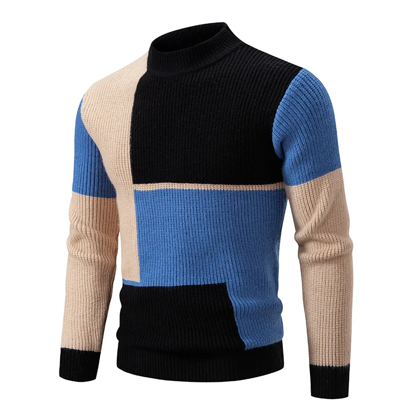 Herren Grobstrick-Pullover mit Stehkragen und kontrastierendem Blockstreifenmuster Drune