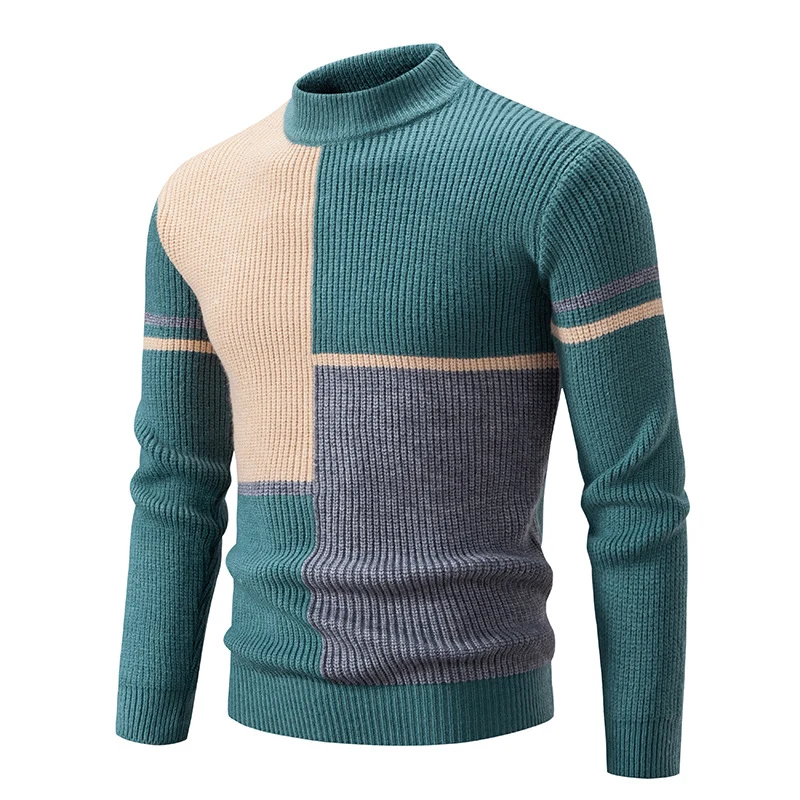 Herren Grobstrick-Pullover mit Stehkragen und kontrastierendem Blockstreifenmuster Drune