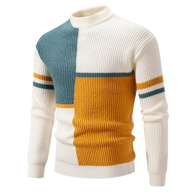 Herren Grobstrick-Pullover mit Stehkragen und kontrastierendem Blockstreifenmuster Drune