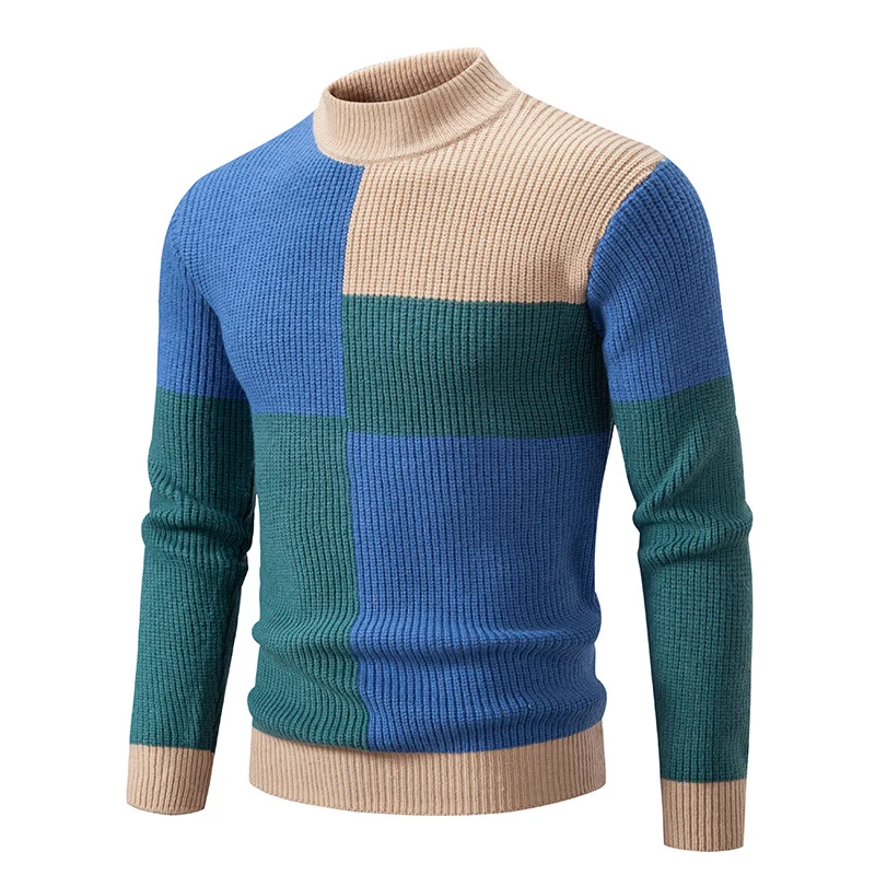 Herren Grobstrick-Pullover mit Stehkragen und kontrastierendem Blockstreifenmuster Drune