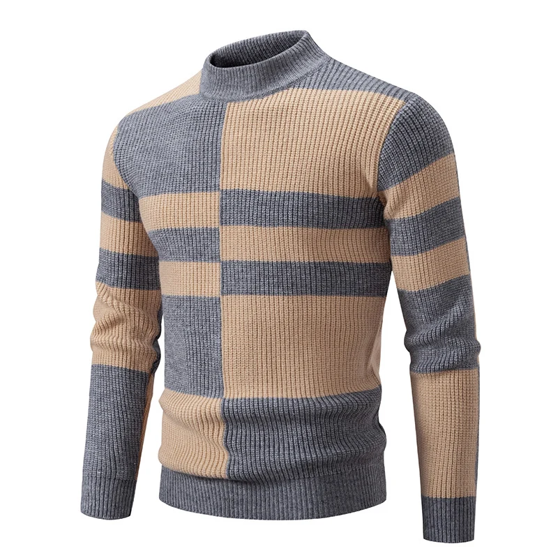 Herren Grobstrick-Pullover mit Stehkragen und kontrastierendem Blockstreifenmuster Drune