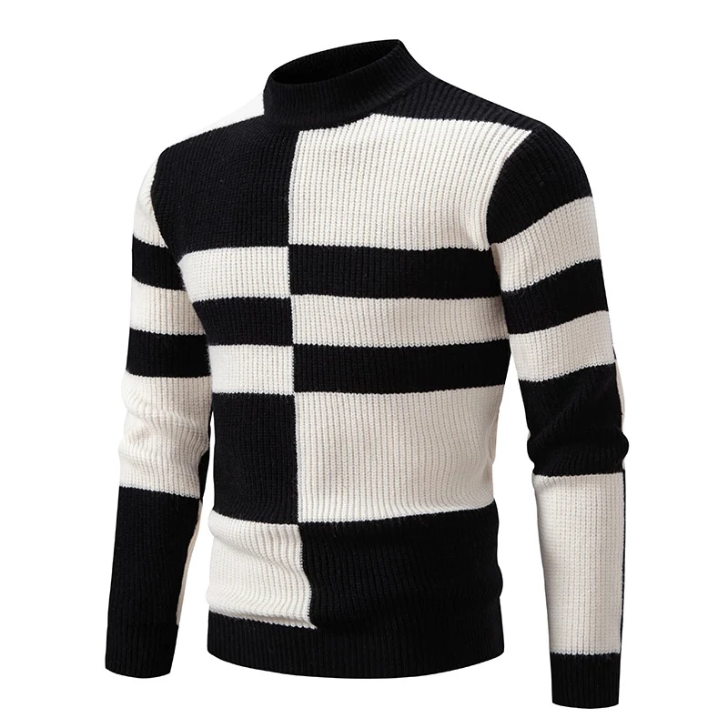 Herren Grobstrick-Pullover mit Stehkragen und kontrastierendem Blockstreifenmuster Drune