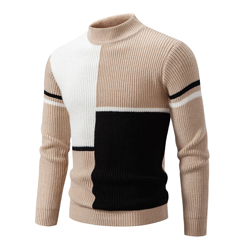 Herren Grobstrick-Pullover mit Stehkragen und kontrastierendem Blockstreifenmuster Drune