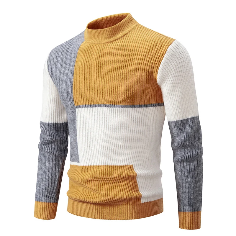 Herren Grobstrick-Pullover mit Stehkragen und kontrastierendem Blockstreifenmuster Drune