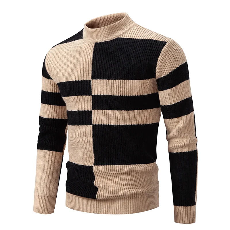 Herren Grobstrick-Pullover mit Stehkragen und kontrastierendem Blockstreifenmuster Drune