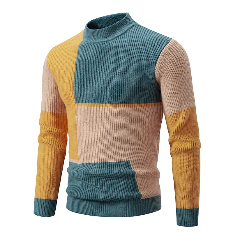 Herren Grobstrick-Pullover mit Stehkragen und kontrastierendem Blockstreifenmuster Drune