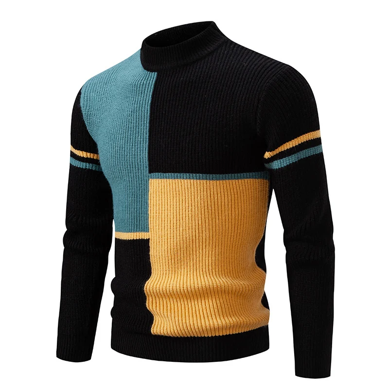 Herren Grobstrick-Pullover mit Stehkragen und kontrastierendem Blockstreifenmuster Drune