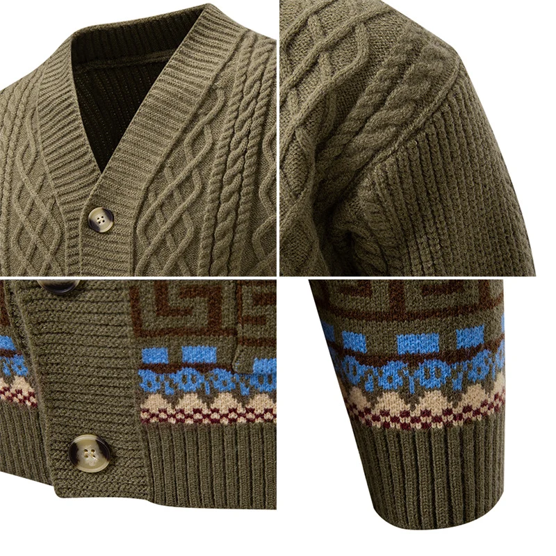 Herren Grobstrick-Cardigan mit Zopfmuster, Jacquard-Bändern und markanter Knopfleiste Drune