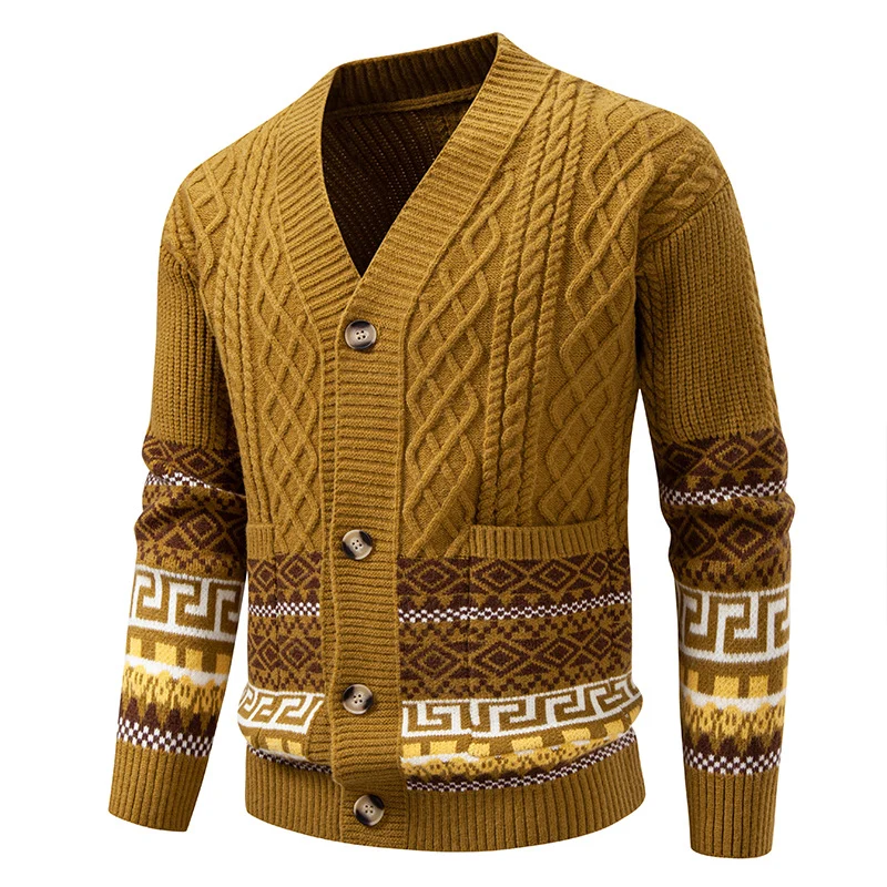 Herren Grobstrick-Cardigan mit Zopfmuster, Jacquard-Bändern und markanter Knopfleiste Drune