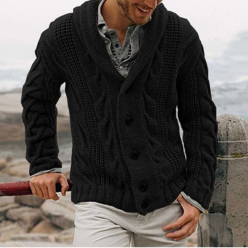 Herren Grobstrick-Cardigan mit Schalkragen, Zopfmuster und wärmender Knopfleiste Drune