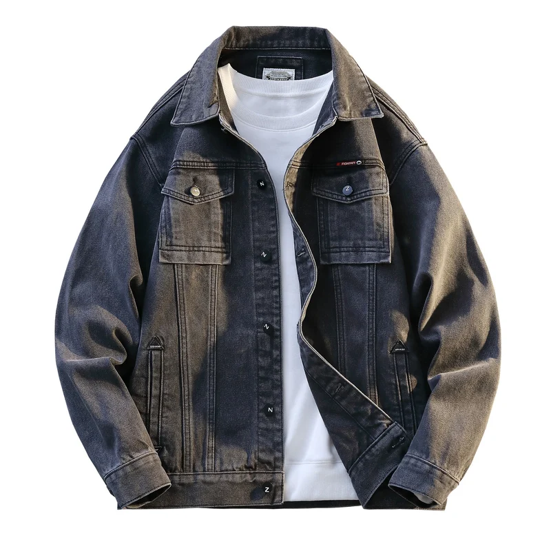 Herren Grobgewaschene Oversize-Jeansjacke mit Brustklapptaschen und durchgehender Knopfleiste Drune