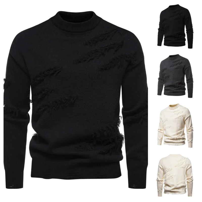 Herren Grobgestrickter Pullover mit Mockneck und ausgefransten Riss-Details Drune