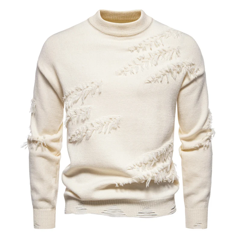 Herren Grobgestrickter Pullover mit Mockneck und ausgefransten Riss-Details Drune