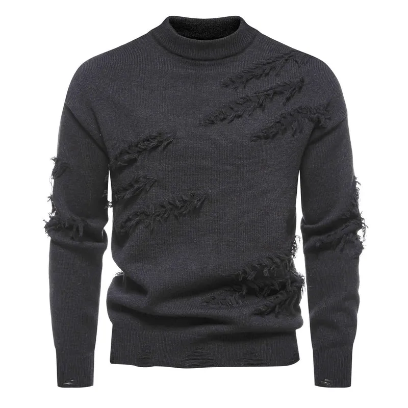 Herren Grobgestrickter Pullover mit Mockneck und ausgefransten Riss-Details Drune