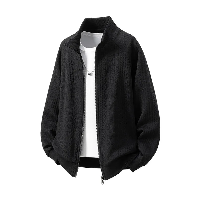 Herren Grobgestrickte Zip‑Strickjacke mit Stehkragen und Zopfmuster Drune