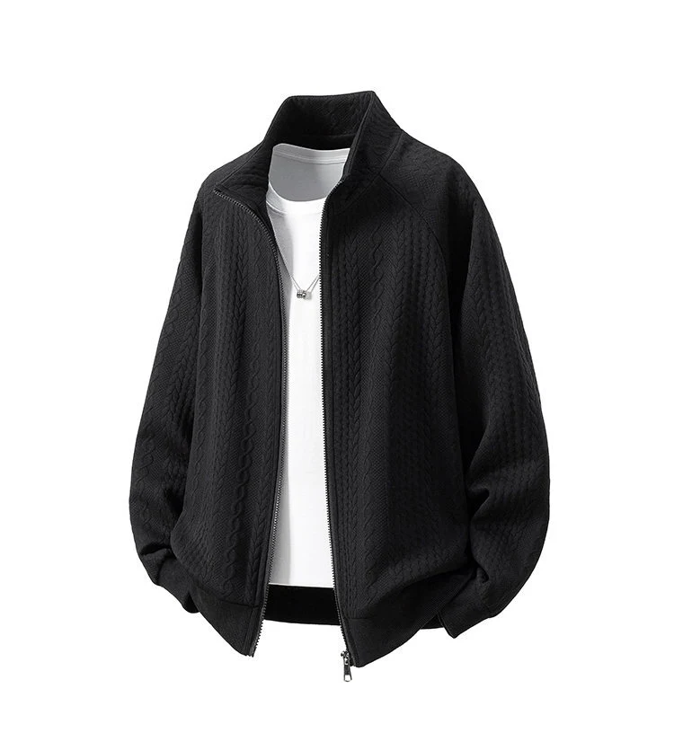 Herren Grobgestrickte Zip‑Strickjacke mit Stehkragen und Zopfmuster Drune